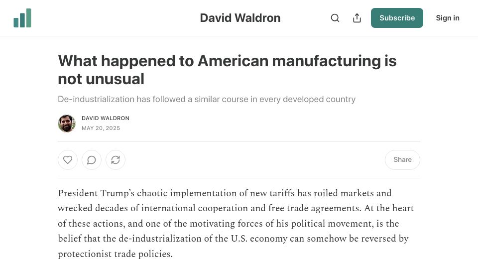 Screenshot of blog.waldrn.com: What happened to American manufacturing is not unusual