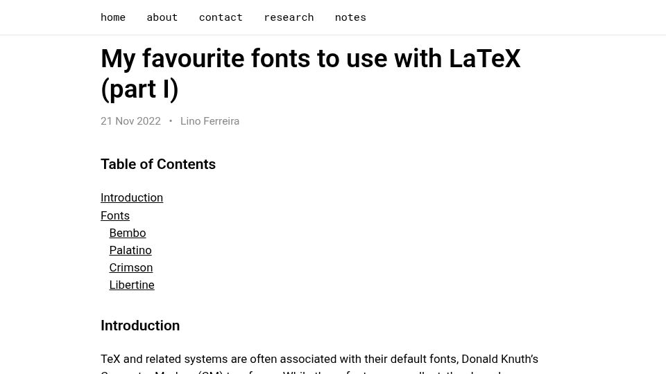 Screenshot of lfe.pt: My favourite fonts to use with LaTeX (2022)