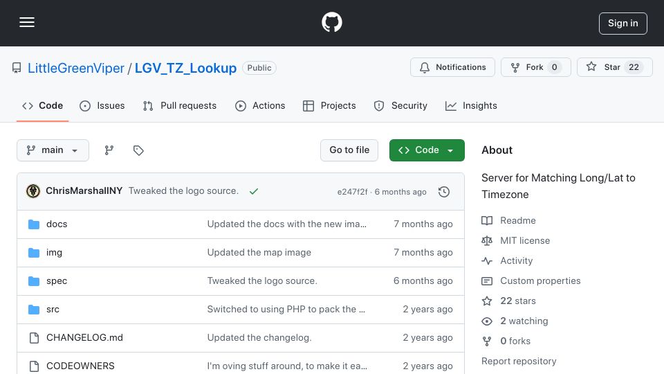 Screenshot of github.com: Show HN: A Simple Server to Match Long/Lat to a TimeZone