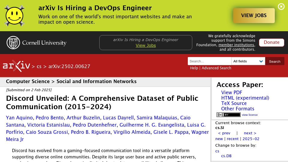 Screenshot of arxiv.org: Discord Unveiled: A Comprehensive Dataset of Public Communication (2015-2024)