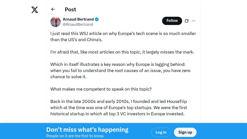 Screenshot of twitter.com: EU startups fail because their press refuses to hype them up