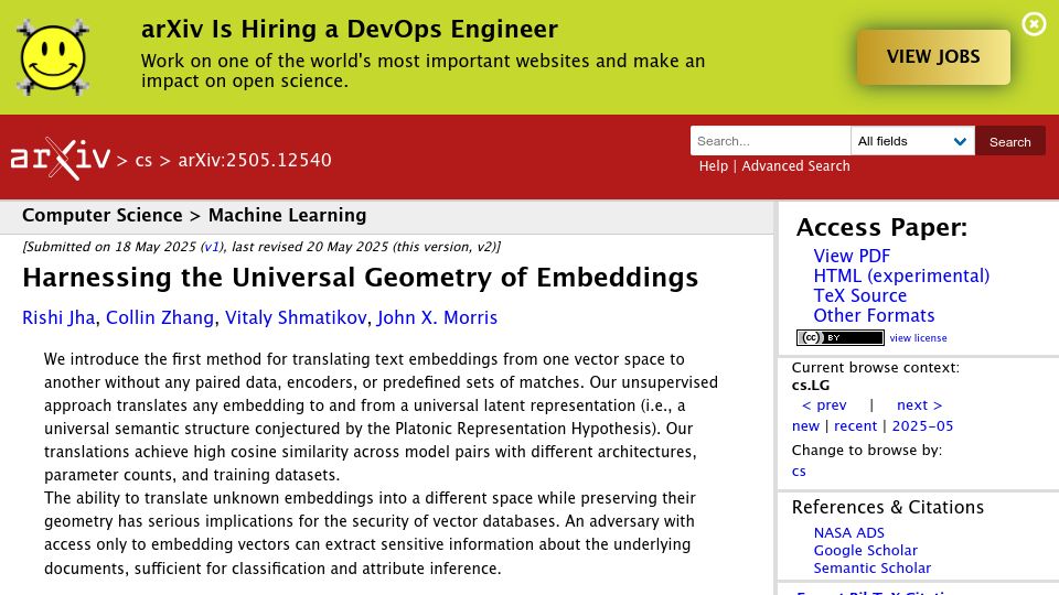 Screenshot of arxiv.org: Harnessing the Universal Geometry of Embeddings