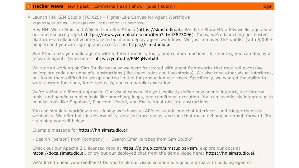 Screenshot of Hacker News post: Launch HN: SIM Studio (YC X25) – Figma-Like Canvas for Agent Workflows