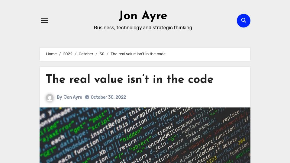 Screenshot of jonayre.uk: The value isn't in the code (2022)