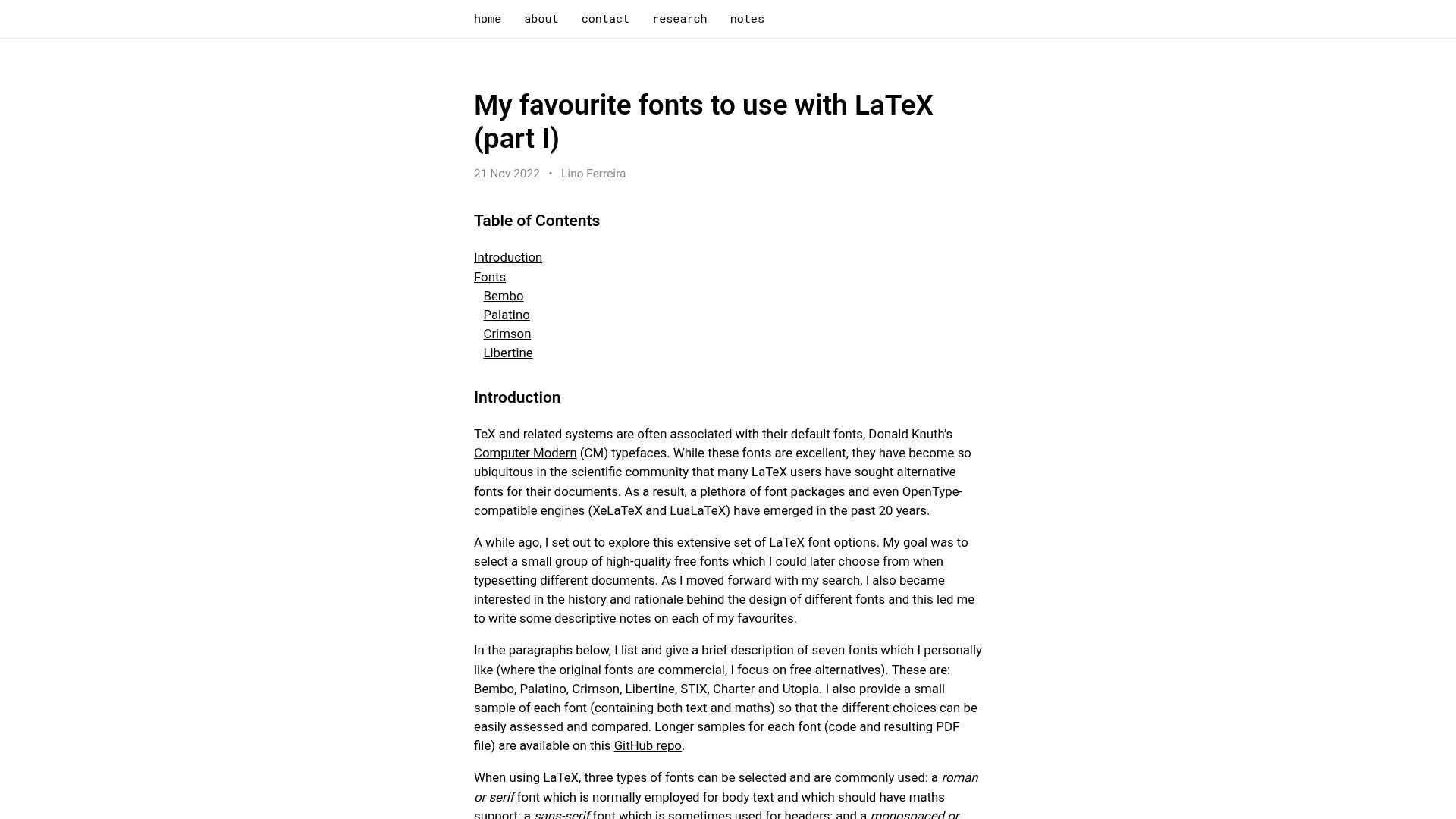 Screenshot of lfe.pt: My favourite fonts to use with LaTeX (2022)