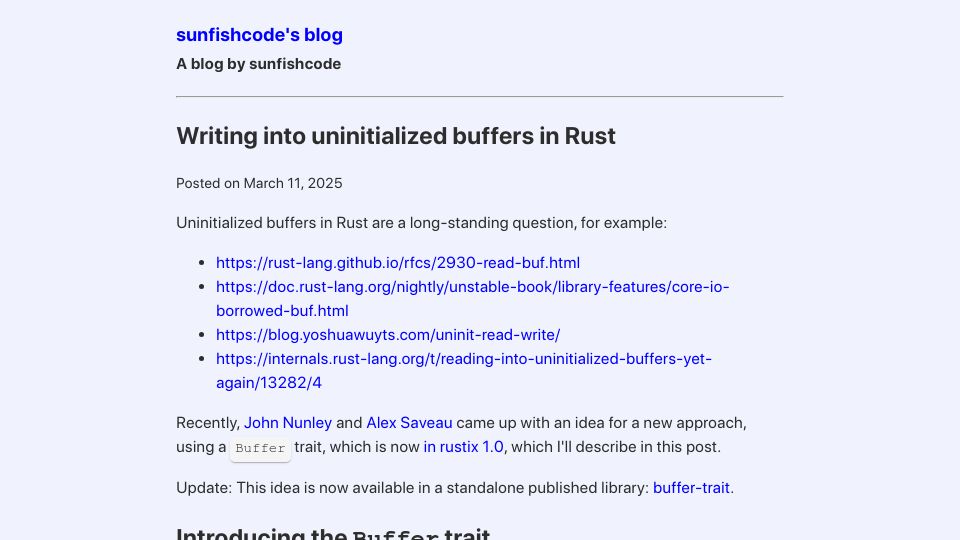 Screenshot of blog.sunfishcode.online: Writing into Uninitialized Buffers in Rust
