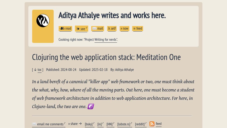 Screenshot of evalapply.org: Clojuring the web application stack: Meditation One