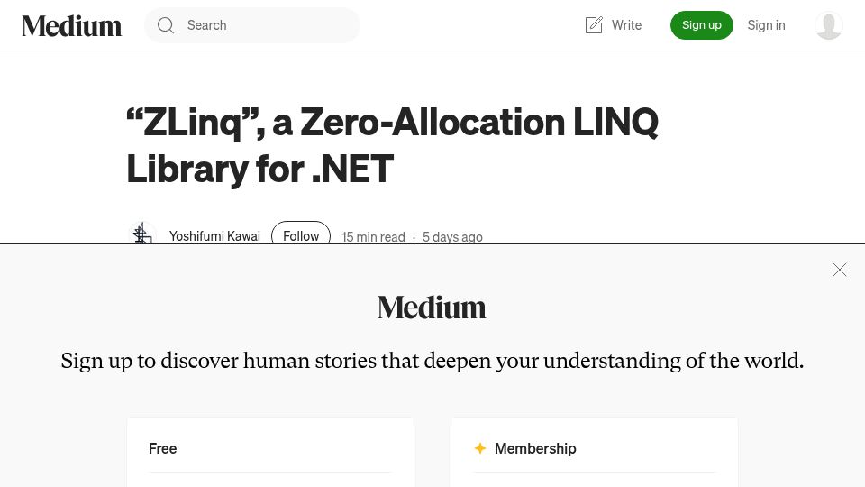 Screenshot of neuecc.medium.com: “ZLinq”, a Zero-Allocation LINQ Library for .NET