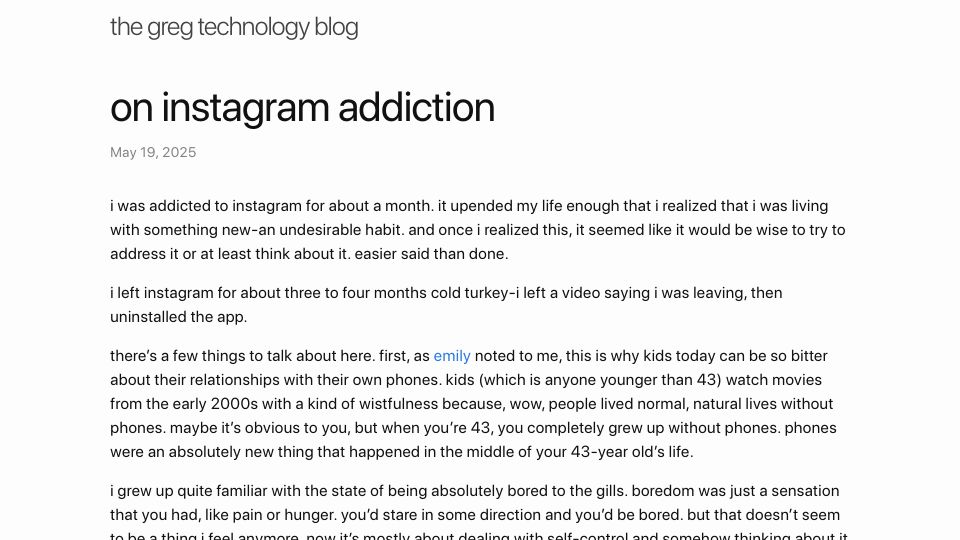 Screenshot of blog.greg.technology: Instagram Addiction