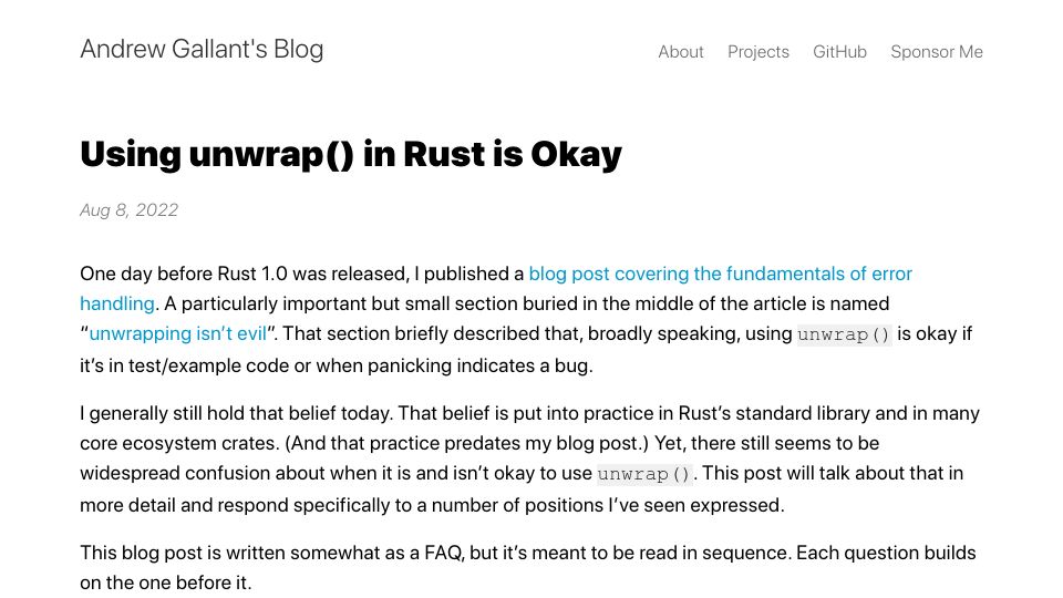 Screenshot of burntsushi.net: Using unwrap() in Rust is Okay (2022)
