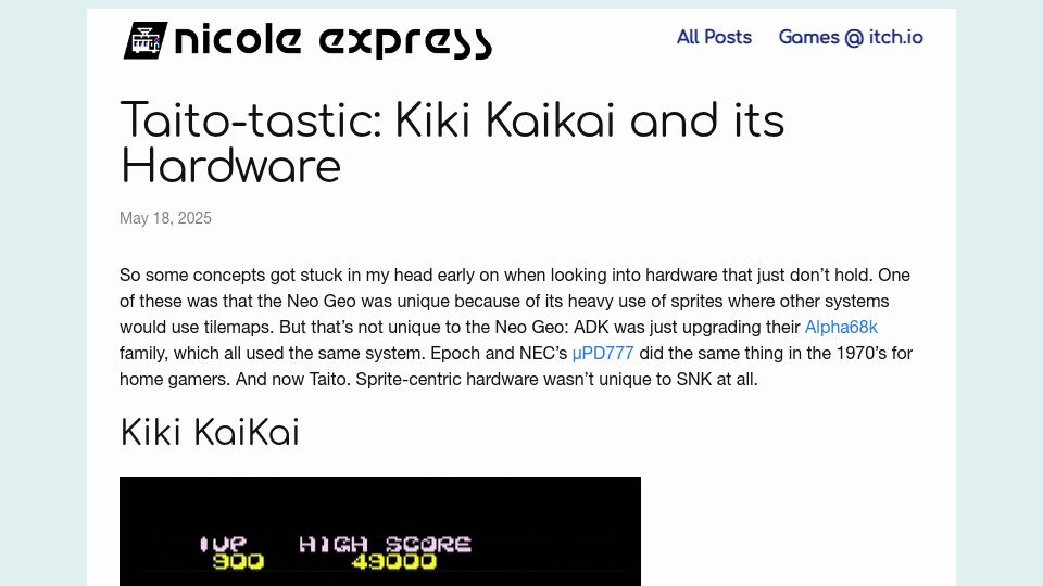 Screenshot of nicole.express: Taito-tastic: Kiki Kaikai and its Hardware