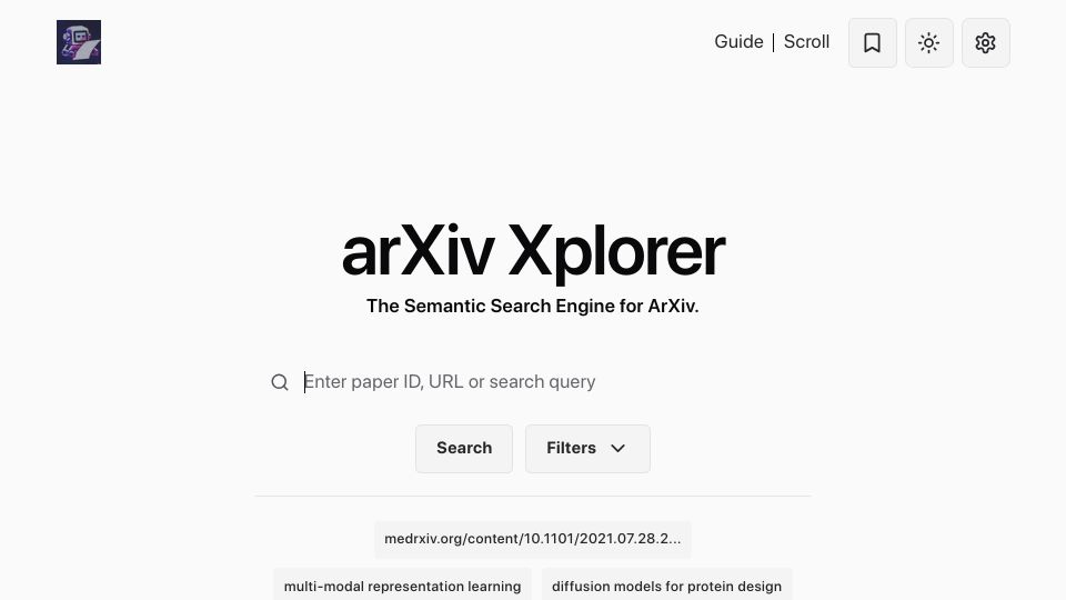 Screenshot of arxivxplorer.com: Semantic search engine for ArXiv, biorxiv and medrxiv