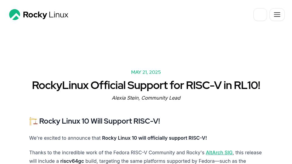 Screenshot of rockylinux.org: Rocky Linux 10 Will Support RISC-V