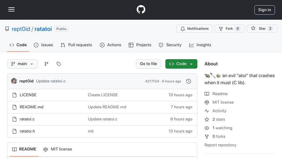 Screenshot of github.com: Ratatoi is a C libary that wraps stdlib's strtol (as atoi does), but it's evil.