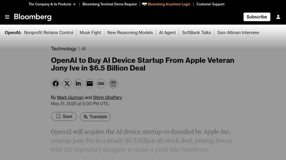 Screenshot of bloomberg.com: OpenAI to buy AI startup from Jony Ive