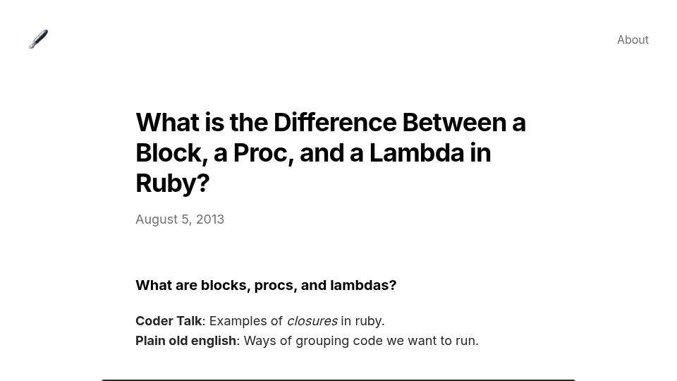 Screenshot of blog.awaxman.com: What Is the Difference Between a Block, a Proc, and a Lambda in Ruby? (2013)