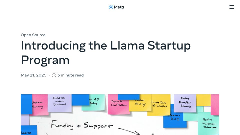 Screenshot of ai.meta.com: Introducing the Llama Startup Program