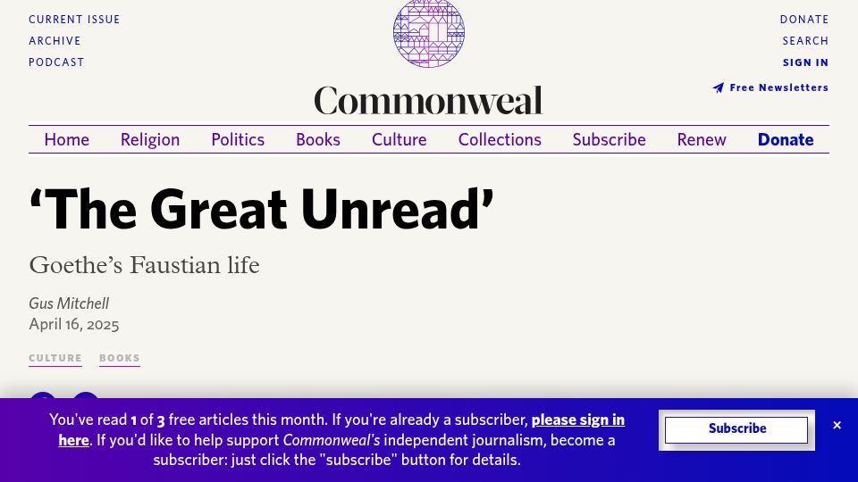 Screenshot of commonwealmagazine.org: Goethe's Faustian Life