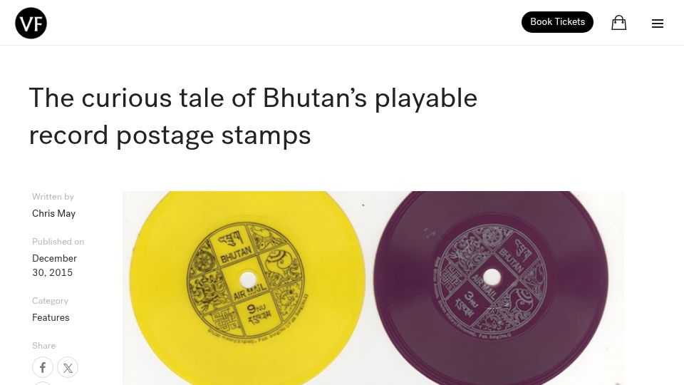 Screenshot of thevinylfactory.com: The curious tale of Bhutan's playable record postage stamps (2015)