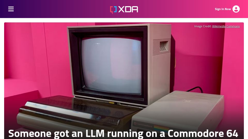 Screenshot of xda-developers.com: Someone got an LLM running on a Commodore 64 from 1982, and it runs as well