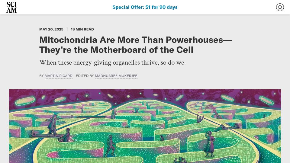 Screenshot of scientificamerican.com: Mitochondria Are More Than Powerhouses–They're the Motherboard of the Cell