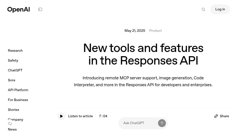 Screenshot of openai.com: New tools and features in the Responses API