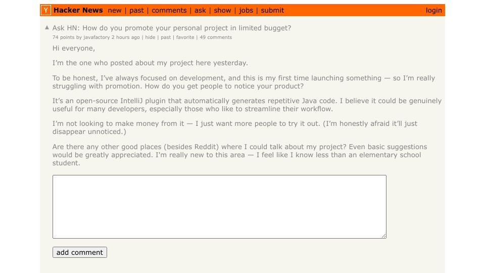 Screenshot of Hacker News post: Ask HN: How do you promote your personal project in limited bugget?