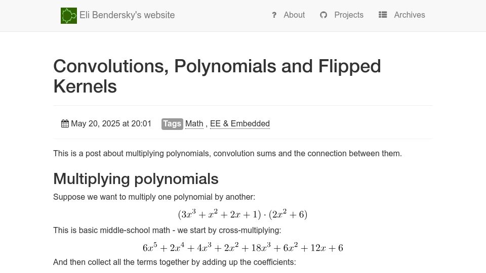 Screenshot of eli.thegreenplace.net: Convolutions, Polynomials and Flipped Kernels