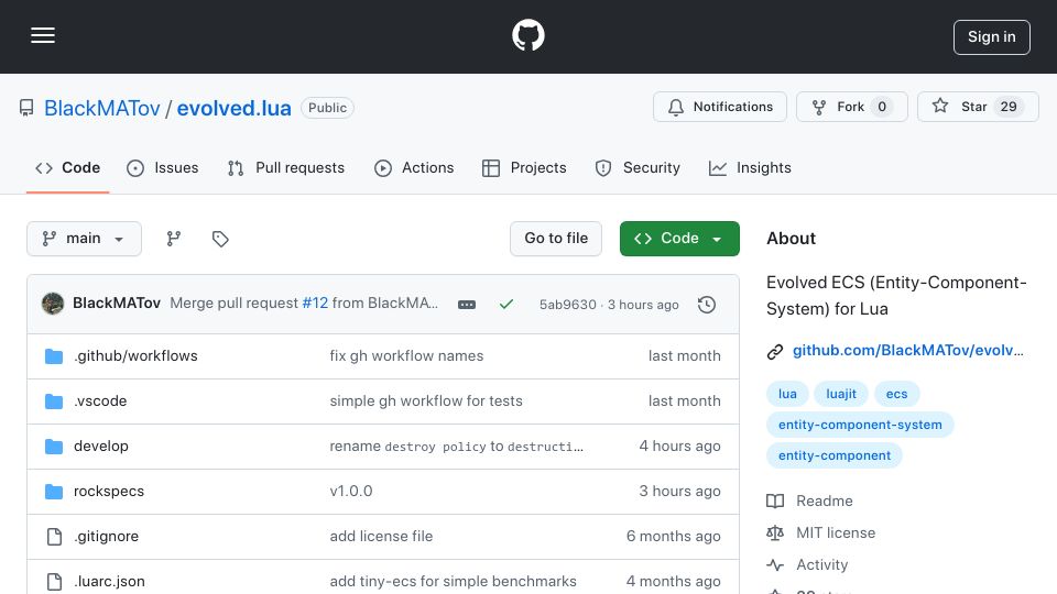Screenshot of github.com: Show HN: Evolved.lua – An Evolved Entity Component System for Lua