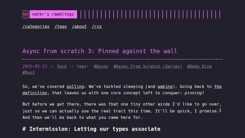 Screenshot of natkr.com: Async from scratch 3: Pinned against the wall