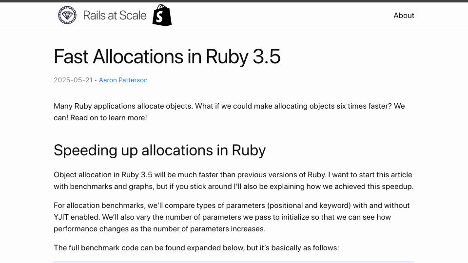 Screenshot of railsatscale.com: Fast Allocations in Ruby 3.5
