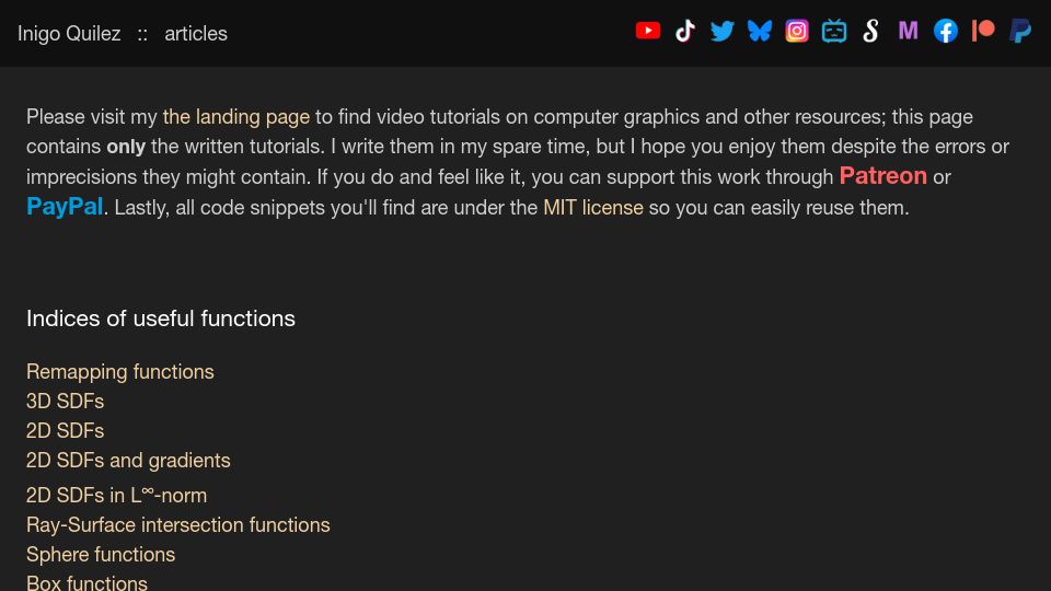 Screenshot of iquilezles.org: Inigo Quilez: computer graphics, mathematics, shaders, fractals, demoscene