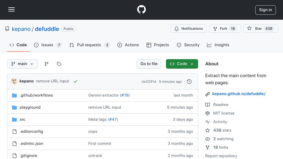 Screenshot of github.com: Show HN: Defuddle, an HTML-to-Markdown alternative to Readability