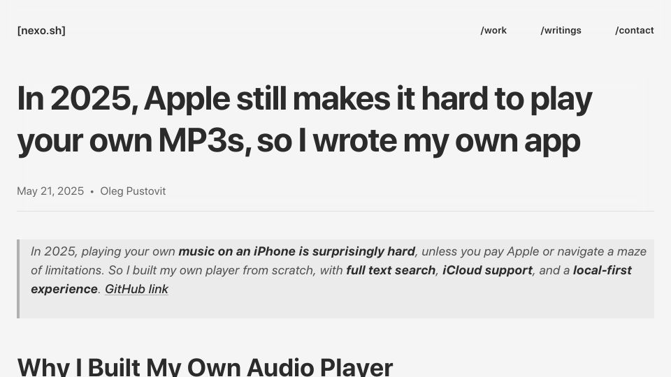 Screenshot of nexo.sh: I Built My Own Audio Player