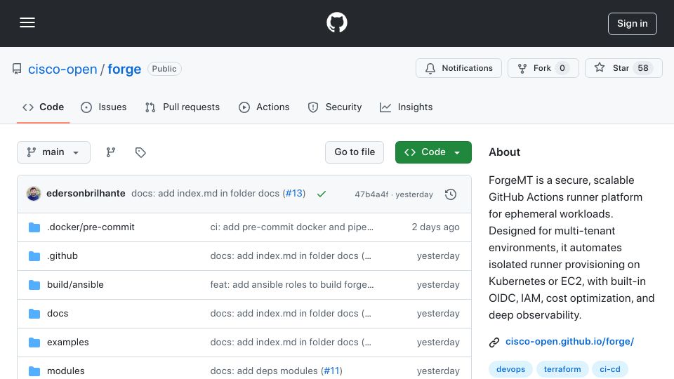 Screenshot of github.com: Show HN: Forge – Secure, Multi-Tenant GitHub Actions Runners on K8s or EC2