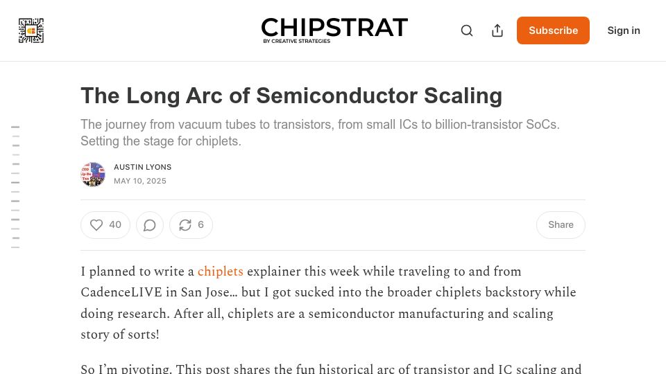 Screenshot of chipstrat.com: The Long Arc of Semiconductor Scaling