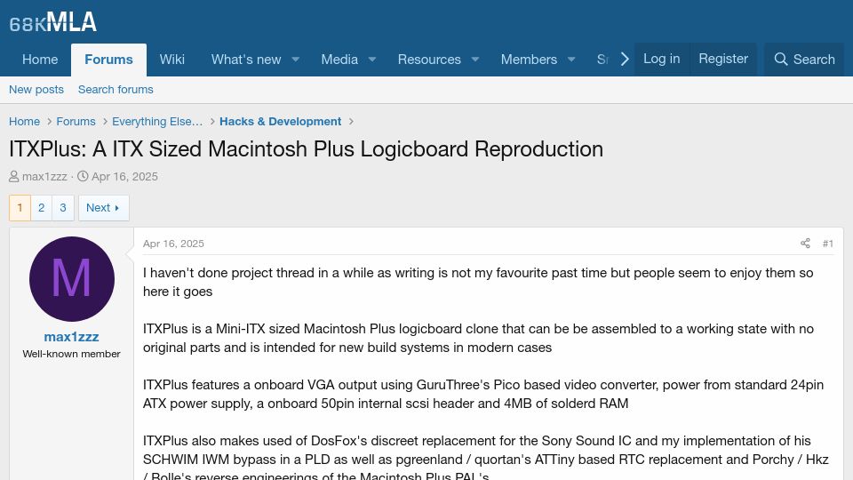 Screenshot of 68kmla.org: ITXPlus: A ITX Sized Macintosh Plus Logicboard Reproduction