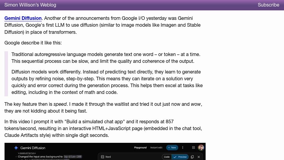 Screenshot of simonwillison.net: Gemini Diffusion