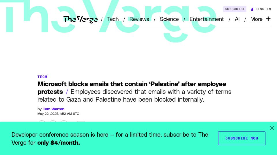 Screenshot of theverge.com: Microsoft blocks emails that contain 'Palestine' after employee protests