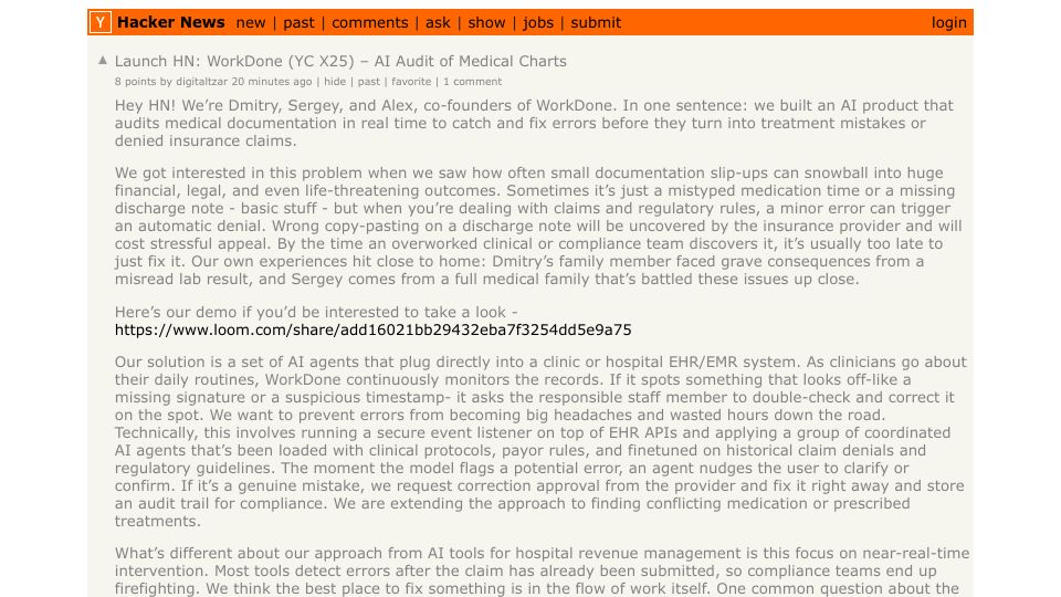 Screenshot of Hacker News post: Launch HN: WorkDone (YC X25) – AI Audit of Medical Charts