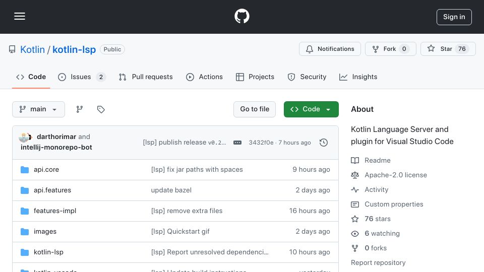 Screenshot of github.com: Kotlin-Lsp: Kotlin Language Server and Plugin for Visual Studio Code