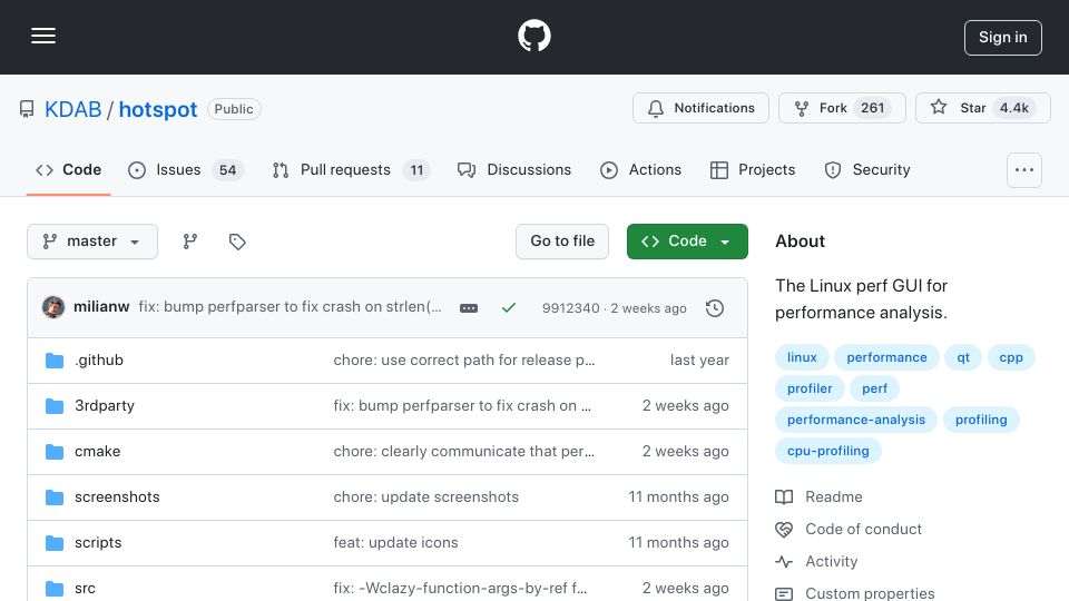 Screenshot of github.com: Hotspot: Linux `perf` GUI for performance analysis