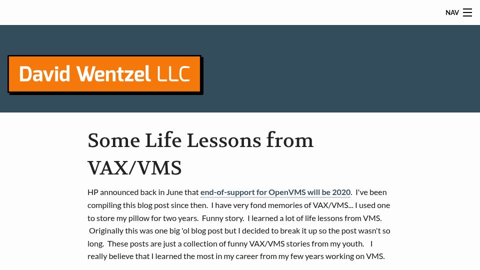 Screenshot of davewentzel.com: Some Life Lessons from VAX/VMS (2013)