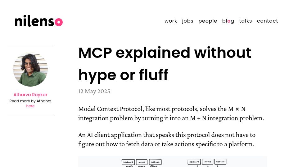 Screenshot of blog.nilenso.com: MCP explained without hype or fluff