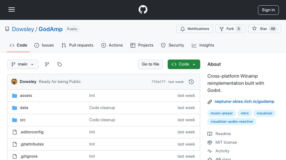 Screenshot of github.com: GodAmp: Reimplementation of Winamp 2.9 in Godot, with cross-platform support