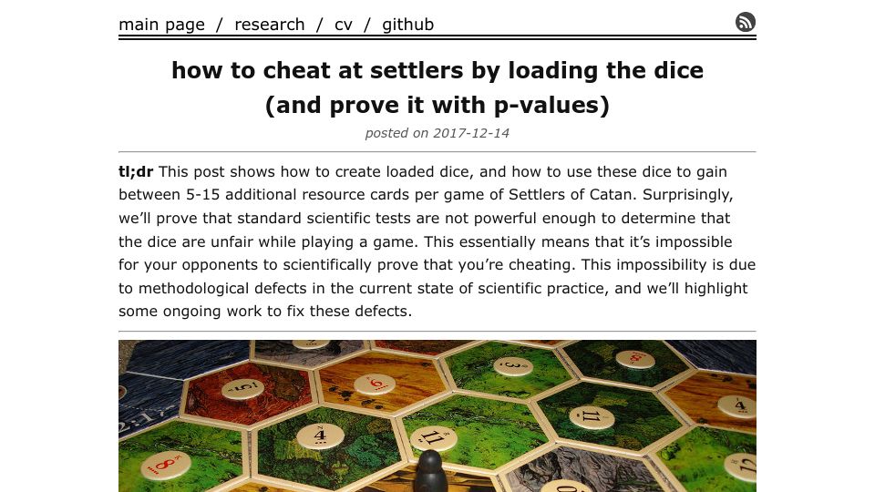 Screenshot of izbicki.me: How to cheat at settlers by loading the dice (2017)