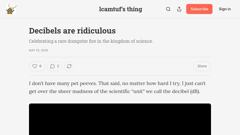Screenshot of lcamtuf.substack.com: The scientific “unit” we call the decibel