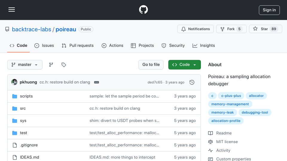 Screenshot of github.com: Poireau: A Sampling Allocation Debugger
