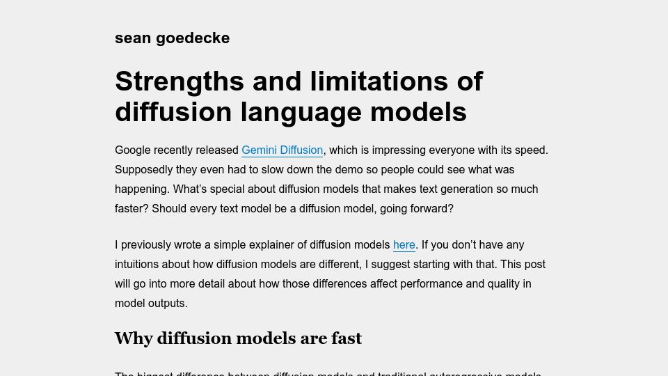 Screenshot of seangoedecke.com: Strengths and limitations of diffusion language models