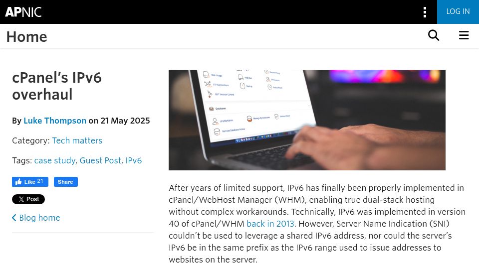 Screenshot of blog.apnic.net: CPanel's IPv6 Overhaul